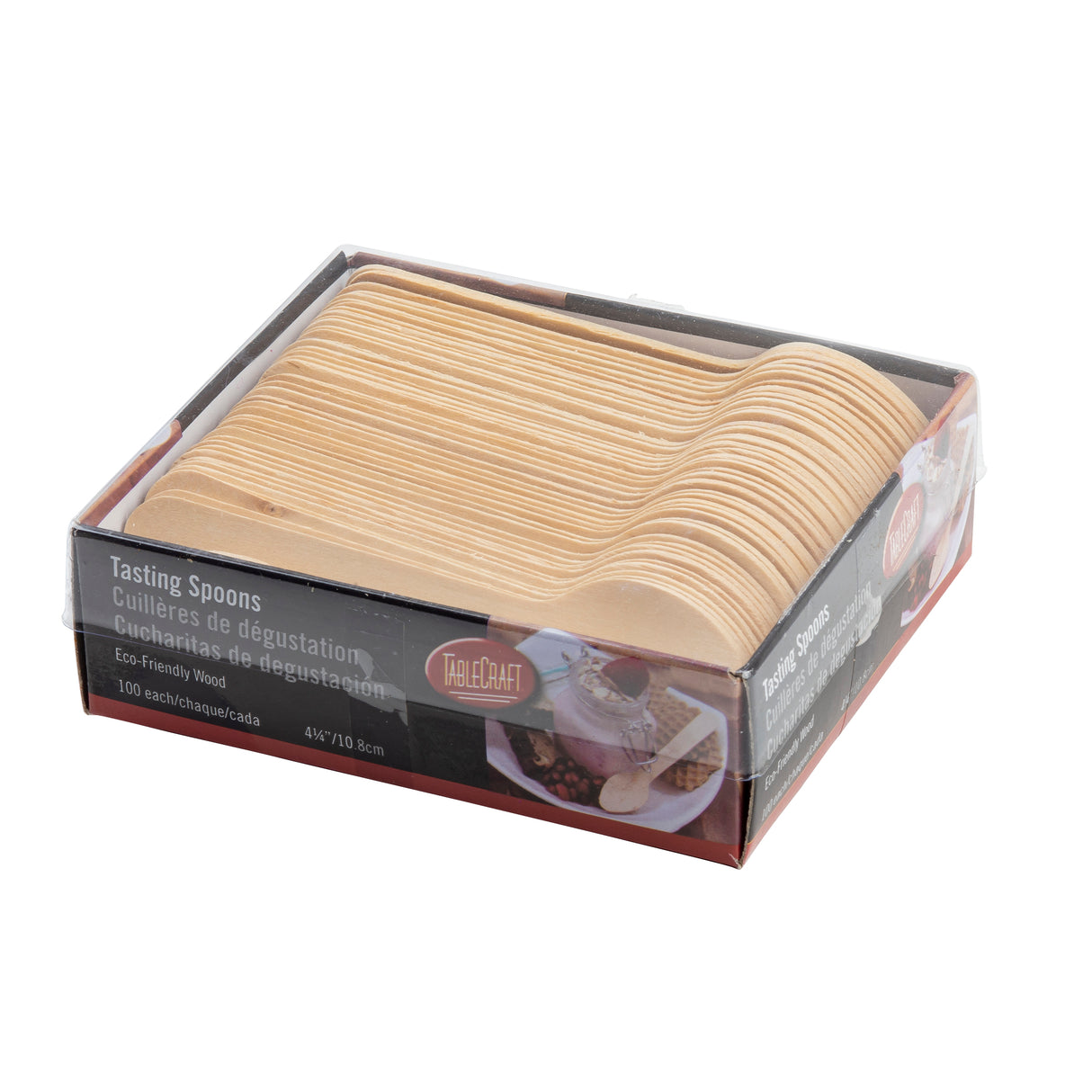 A rectangular box containing 100 light-colored wooden tasting spoons is shown. The box is partially open, revealing neatly stacked biodegradable spoons. The label reads “Tasting Spoons” and highlights that these disposable spoons are eco-friendly in English and French.