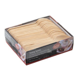 A box of Tailcraft brand eco-friendly, biodegradable wooden tasting spoons. The box contains 100 disposable spoons neatly stacked, with part of the spoons exposed. The packaging displays text in English, French, and Spanish.