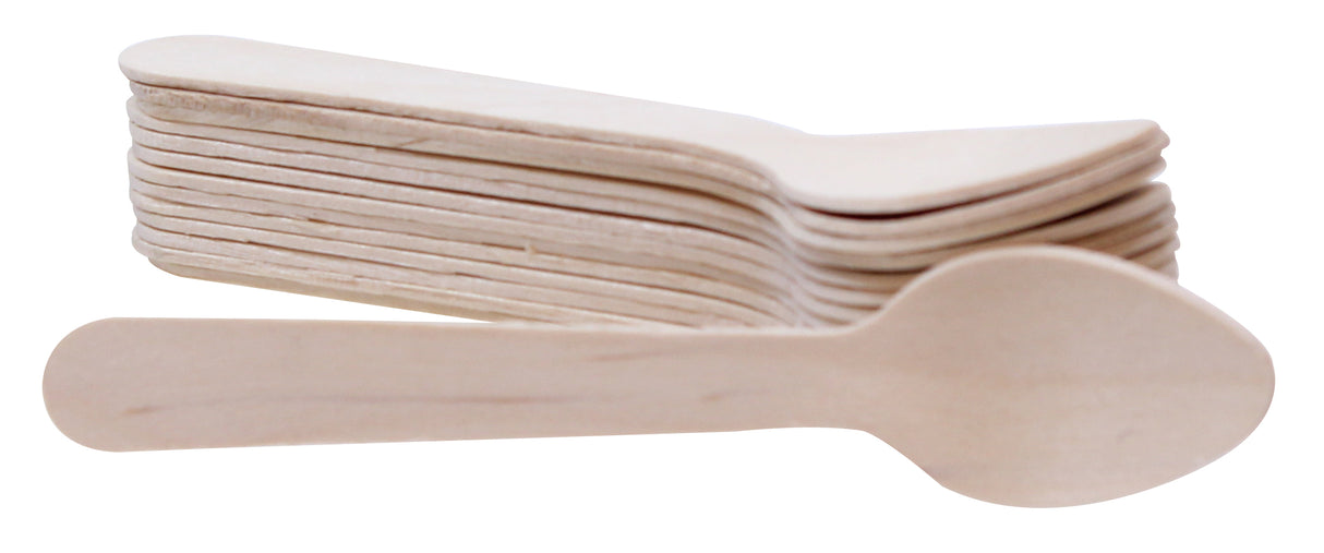 A stack of light-colored, eco-friendly wooden spoons is shown, with one disposable spoon in front lying horizontally and the rest neatly stacked behind. The white background highlights their smooth texture and simple, biodegradable design.