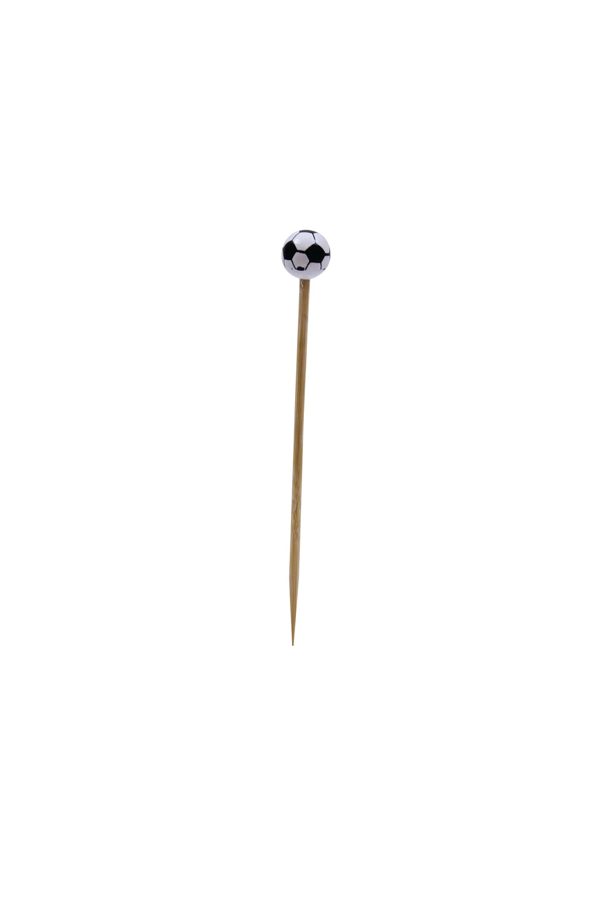 A single bamboo toothpick stands upright on a white background, its top adorned with a small, round decoration resembling a classic black and white soccer ball—a perfect sport pick for themed gatherings.