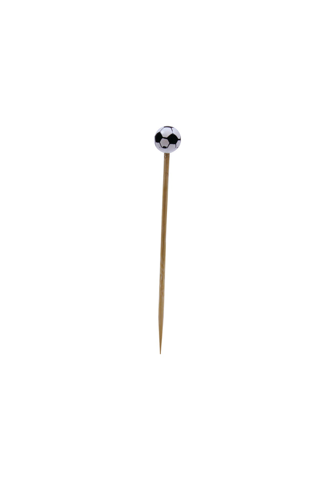 A single bamboo toothpick stands upright on a white background, its top adorned with a small, round decoration resembling a classic black and white soccer ball—a perfect sport pick for themed gatherings.