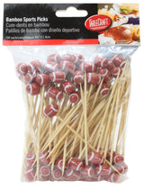 A clear plastic bag of bamboo football picks, each topped with a small brown football. The “Bamboo Sports Picks” label features the TableCraft Products brand. Includes 100 picks, each 4.5 inches long—perfect for party snacks or appetizers.