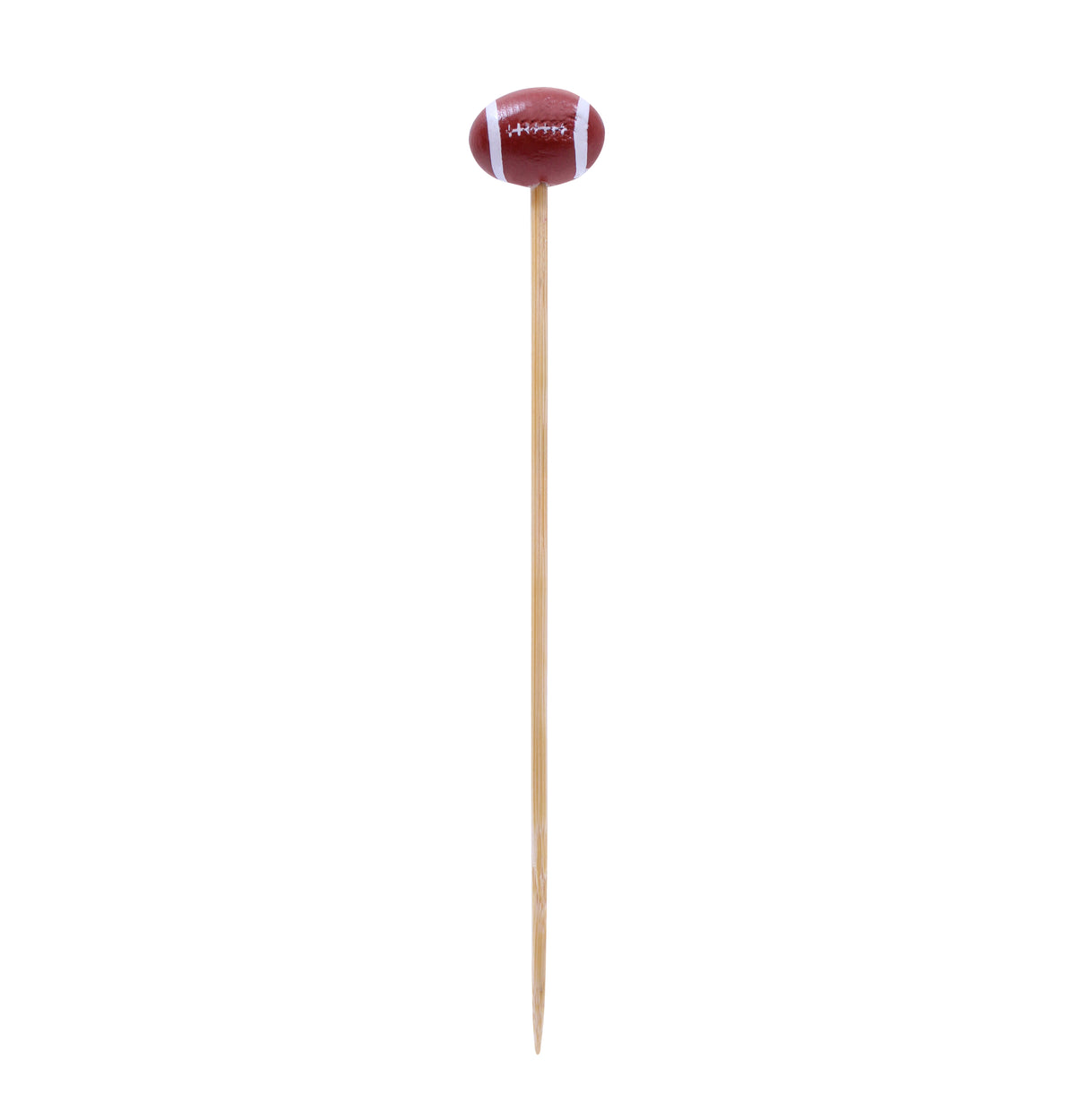 A bamboo football pick, known as the TableCraft Products Cash & Carry Sport Pick, features a small brown football with white laces atop a wooden cocktail pick, standing vertically against a plain white background.