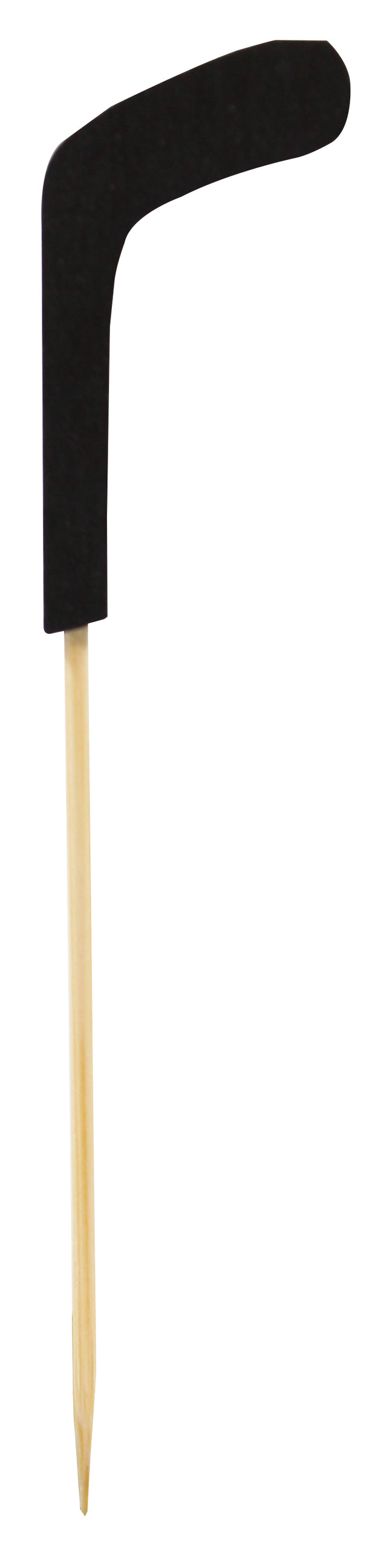 A bamboo Sport Pick featuring a black paper decoration shaped like a hockey stick blade, photographed against a white background.
