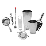 A collection of stainless steel bar tools, this cocktail kit includes a shaker set, strainer, bottle opener, corkscrew, ice scoop, a bar spoon with a red tip, and a slotted mixing spoon—all displayed on a white background.
