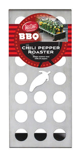 A rectangular stainless steel chili pepper roaster with 20 circular holes, a chili-shaped cutout, and a red label reading “TableCraft BBQ Chili Pepper Roaster—holds 20 peppers.” The label shows peppers grilling on a barbecue. Great as a cone holder too.