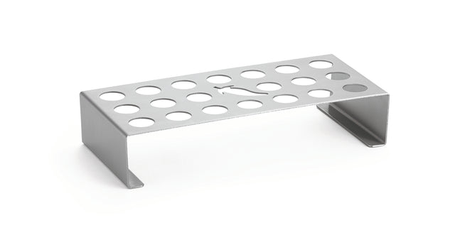 A stainless steel, rectangular laboratory test tube rack with two short legs. The top features multiple round holes for holding test tubes, a droplet-shaped cone holder, and rests on a plain white background.
