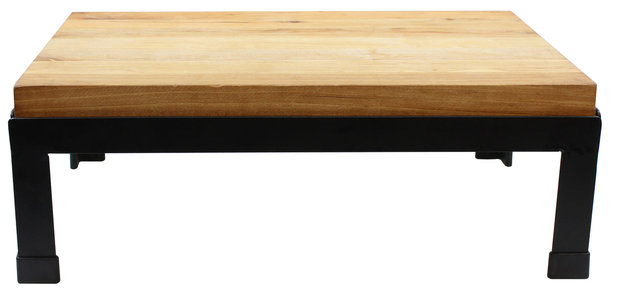 A rectangular coffee table featuring a thick wood butcher block top and sturdy black metal legs. The design is minimalist and modern, with clean lines and a solid appearance. The photo is taken from the front, centered, against a white background.