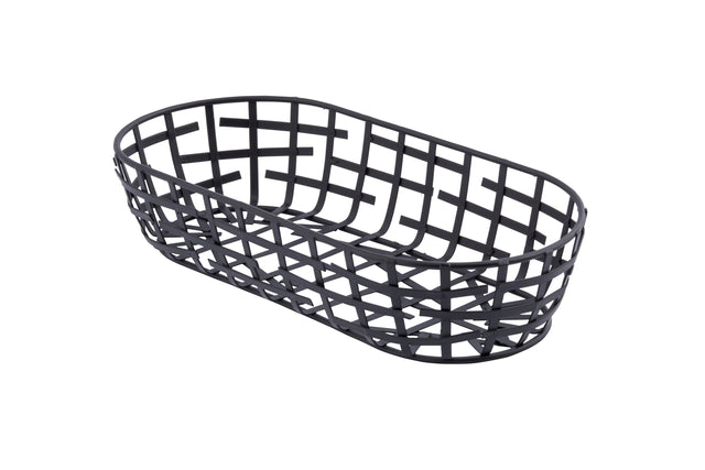 A black powder coated metal serving basket from the Complexity Collection, featuring an oval shape and open grid design with evenly spaced horizontal and vertical strips. It sits on a white background, viewed from a slight angle above.