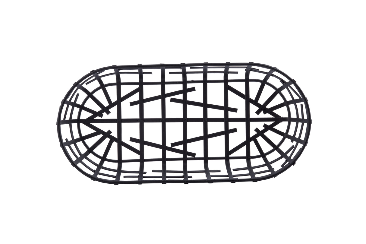 A black powder coated metal serving basket from the Complexity Collection is shown from above. Its oval, wire frame features a grid-like pattern of intersecting straight and curved wires against a plain white background.