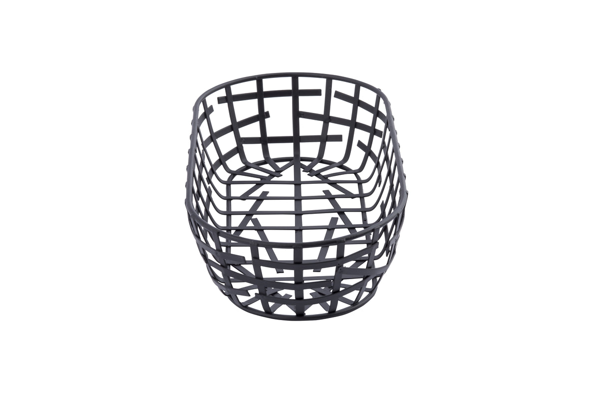 A black powder coated metal, oval-shaped serving basket from the Complexity Collection is centered on a white background. It features evenly spaced vertical and horizontal bars for a simple, modern look.