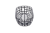 A black powder coated metal, oval-shaped serving basket from the Complexity Collection is centered on a white background. It features evenly spaced vertical and horizontal bars for a simple, modern look.