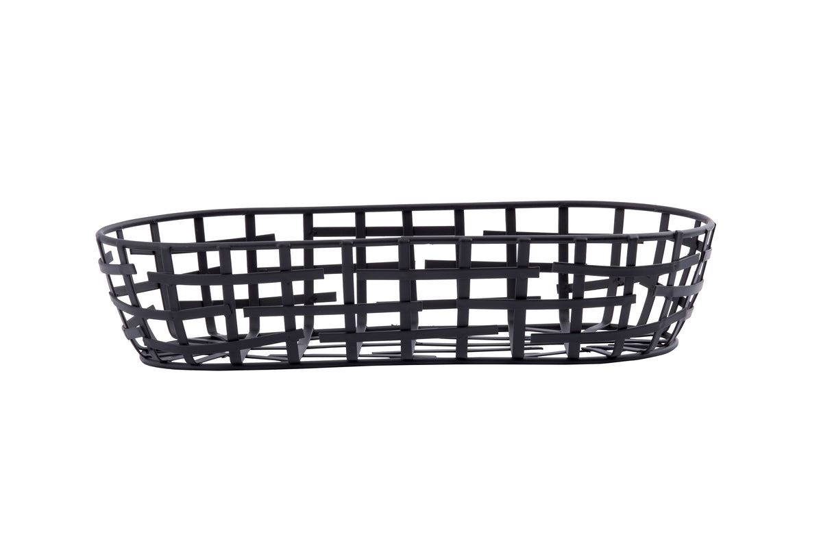 A black powder coated metal, oval-shaped serving basket with an open grid pattern and no handles, shown on a white background. Part of the Complexity Collection, its simple, modern design is ideal for organizing or displaying items.
