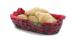 A black powder coated metal serving basket from the Complexity Collection, lined with red cloth, holds four golden-brown croissants closely arranged on vibrant fabric against a white background.