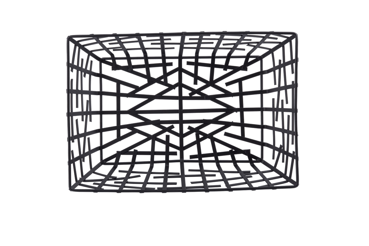 A black powder coated serving basket is shown from the front, forming a geometric cube shape with intersecting bars that create an intricate, symmetrical grid pattern. The rectangular wire design stands out against a plain white background.