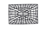 A black powder coated serving basket is shown from the front, forming a geometric cube shape with intersecting bars that create an intricate, symmetrical grid pattern. The rectangular wire design stands out against a plain white background.