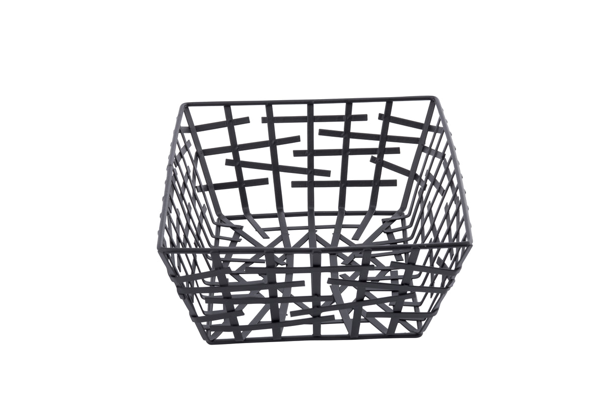 A black powder coated serving basket with a modern, geometric grid design. This rectangular wire basket features open sides and bottom with intersecting horizontal and vertical bars, set against a plain white background.