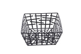 A black powder coated serving basket with a modern, geometric grid design. This rectangular wire basket features open sides and bottom with intersecting horizontal and vertical bars, set against a plain white background.