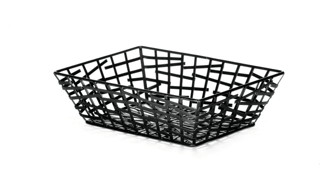 A modern, rectangular serving basket with a black powder coated finish features an abstract, geometric wire design. Its open, web-like pattern allows visibility through the sides and bottom, and the basket sits on a white background.