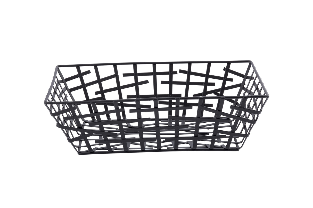 A rectangular black powder coated serving basket with a modern, geometric grid design. The angled, intersecting lines create an open and airy look, while the plain white background highlights its sleek style.