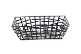 A rectangular black powder coated serving basket with a modern, geometric grid design. The angled, intersecting lines create an open and airy look, while the plain white background highlights its sleek style.