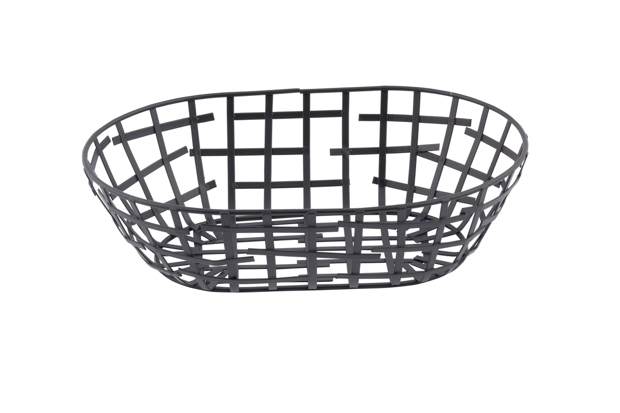 A black powder coated metal Serving Basket from the Complexity Collection, featuring an oval shape and grid-like pattern of crossing strips, photographed on a white background. Its modern design showcases open sides and sturdy construction.