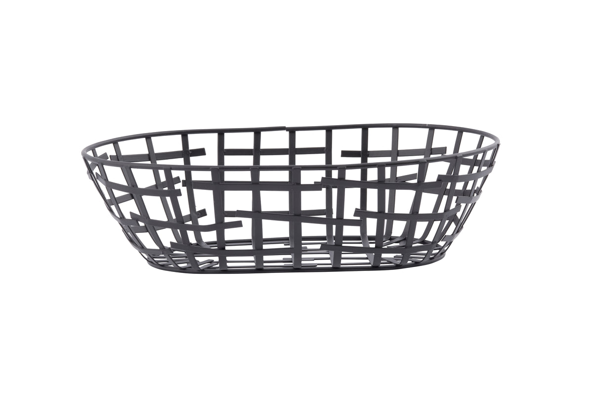 A black powder coated metal Serving Basket, oval-shaped with an open, grid-like pattern. Part of the Complexity Collection, the intersecting wires create a modern geometric design. The empty basket is set against a plain white background.