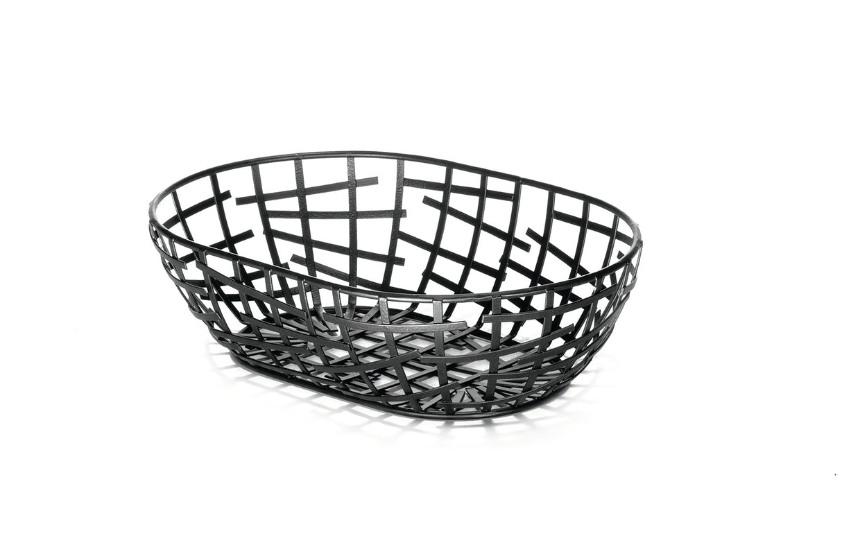 A black powder coated metal Serving Basket with an open geometric grid pattern sits on a white background. Part of the Complexity Collection, its interwoven bars create a modern design and cast subtle shadows beneath it.