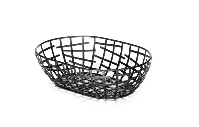 A black powder coated metal Serving Basket with an open geometric grid pattern sits on a white background. Part of the Complexity Collection, its interwoven bars create a modern design and cast subtle shadows beneath it.