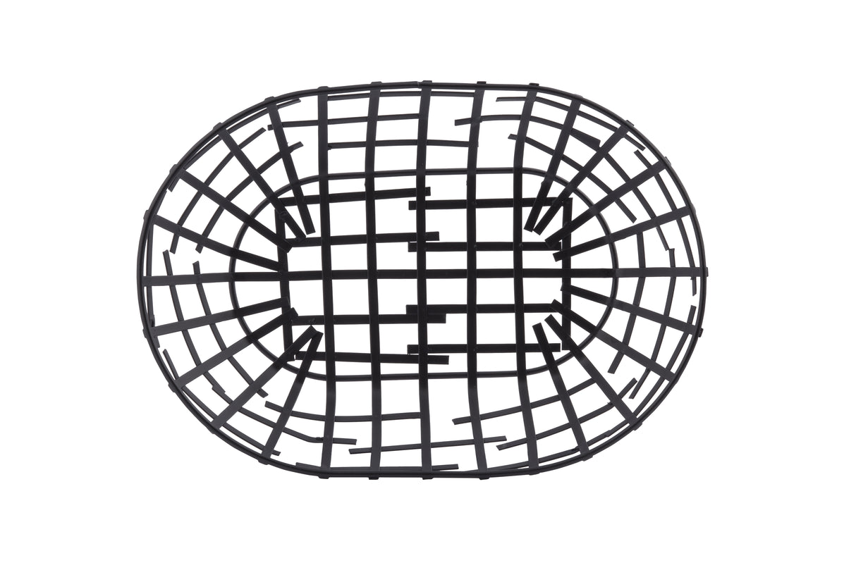 A black powder coated, wireframe oval-shaped serving basket from the Complexity Collection is seen from above. Intersecting bars create a grid pattern, while the white background provides strong contrast to highlight its modern design.