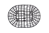 A black powder coated, wireframe oval-shaped serving basket from the Complexity Collection is seen from above. Intersecting bars create a grid pattern, while the white background provides strong contrast to highlight its modern design.