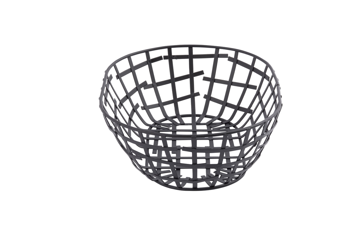 A black powder coated metal serving basket from the Complexity Collection is shown against a white background. Its round, open grid pattern features intersecting strips, creating an airy geometric structure with a wide top tapering to a flat base.