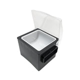 A black plastic ice bin with a white interior and transparent hinged lid opens upward. Featuring a polypropylene insert, it also has a side handle. The image is photographed on a white background.