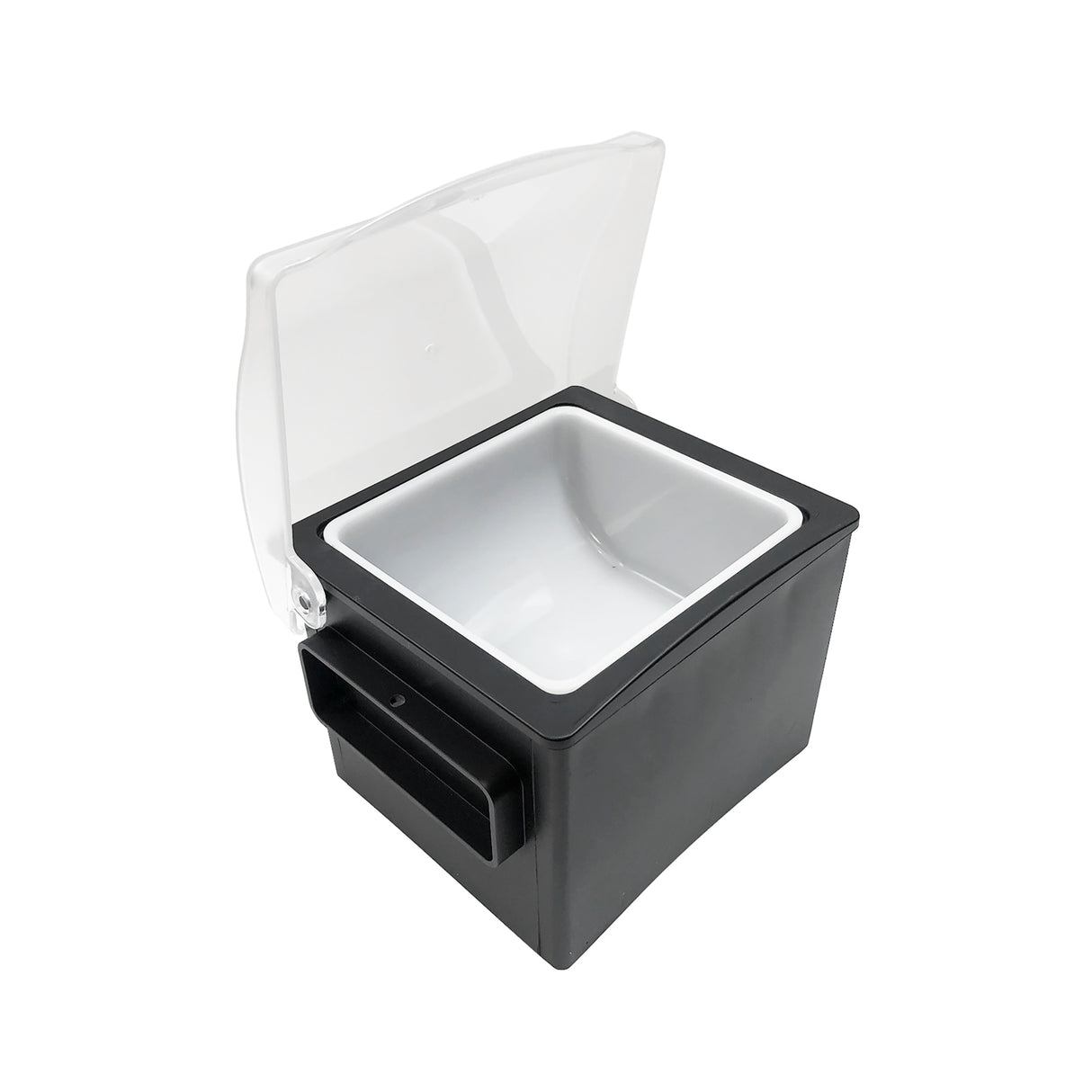 A black plastic ice bin with a rectangular shape, white interior, and transparent hinged lid is shown open. Featuring a polypropylene insert, the bin has a side pocket on the left and is pictured against a plain white background.