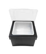 A black rectangular plastic container with a hinged, transparent lid is open, revealing a white, empty polypropylene insert. The angle is slightly above, displaying the container’s depth and simple, modern design against a white background.