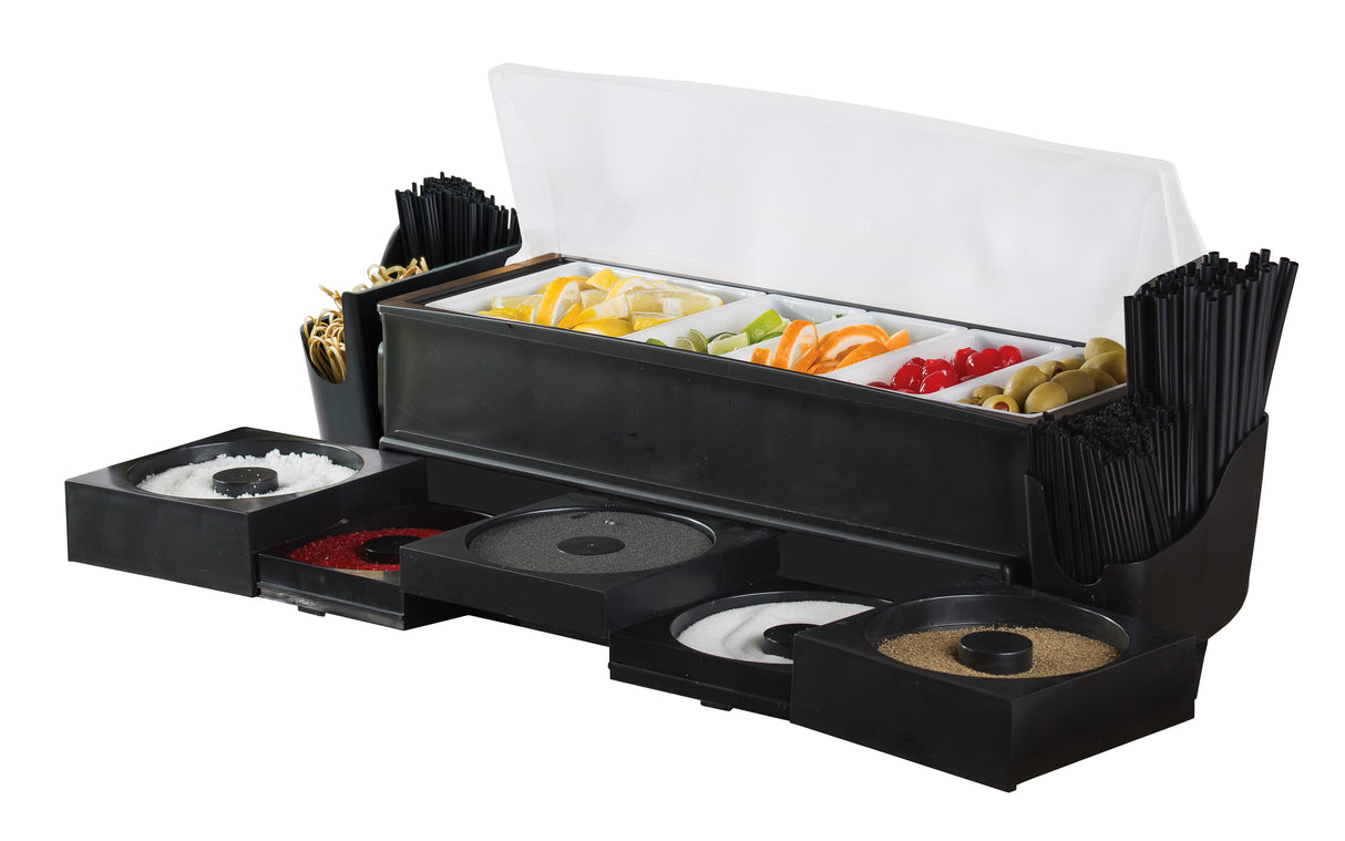 A black TableCraft garnish organizer with sections for sliced lemons, limes, oranges, cherries, and olives. Side compartments offer cocktail straws and picks, while front drawers make this the perfect garnish station for salt, pepper, or spices.