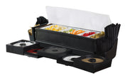A black TableCraft garnish organizer with sections for sliced lemons, limes, oranges, cherries, and olives. Side compartments offer cocktail straws and picks, while front drawers make this the perfect garnish station for salt, pepper, or spices.