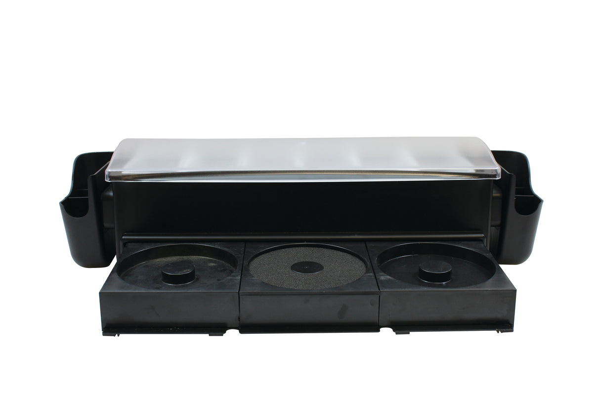 A black plastic bar rimming station with three round compartments and a silver-colored lid. The open, textured surfaces are ideal for salt, sugar, or lime juice—perfect for preparing cocktail glasses. Two side trays enhance this handy garnish station.