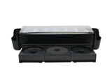 A black plastic bar rimming station with three round compartments and a silver-colored lid. The open, textured surfaces are ideal for salt, sugar, or lime juice—perfect for preparing cocktail glasses. Two side trays enhance this handy garnish station.