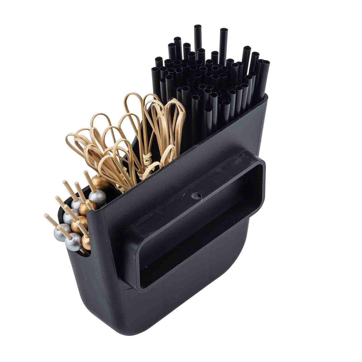 The TableCraft Replacement Side Caddy features a black rectangular container with two sections—one for black plastic drinking straws, the other for wooden cocktail picks with decorative beads. The container is dishwasher safe and includes a front horizontal slot.