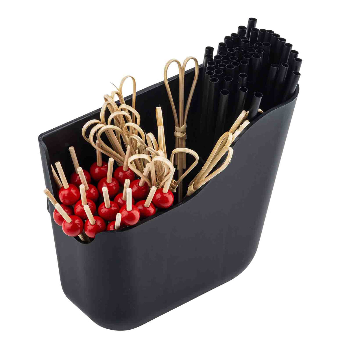 A black Replacement Side Caddy holds three types of cocktail accessories: black plastic straws, bamboo knot picks, and red bead cocktail picks. The TableCraft container neatly organizes the items upright in separate sections and is dishwasher safe.