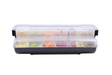 A black plastic garnish station with a translucent lid, divided into six compartments. NSF certified, it features colored clips separating each section—ideal for organized food storage or serving with a first in first out system.