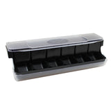 A black plastic NSF garnish station with six compartments and a transparent hinged lid. This rectangular First in First Out Garnish Station is ideal for storing cut garnishes or condiments in bars or restaurants.