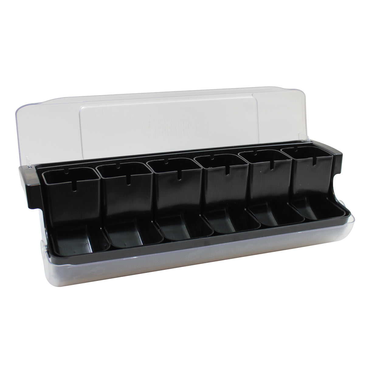A plastic NSF garnish station with a clear lid features six individual black compartments in a row, ideal for organizing and dispensing condiments. Perfect as a First in First Out Garnish Station for bars or restaurants serving drink garnishes or toppings.