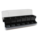 A plastic NSF garnish station with a clear lid features six individual black compartments in a row, ideal for organizing and dispensing condiments. Perfect as a First in First Out Garnish Station for bars or restaurants serving drink garnishes or toppings.