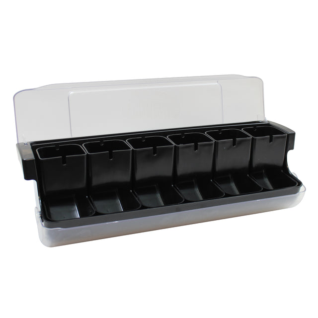 A plastic NSF garnish station with a clear lid features six individual black compartments in a row, ideal for organizing and dispensing condiments. Perfect as a First in First Out Garnish Station for bars or restaurants serving drink garnishes or toppings.