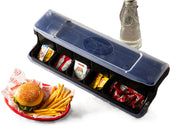 A condiment organizer with five compartments—ideal as a garnish station or for first in first out storage—sits next to a vintage glass bottle and a red basket containing a burger and fries on Coca-Cola branded paper. The organizer has a translucent, slightly open lid.