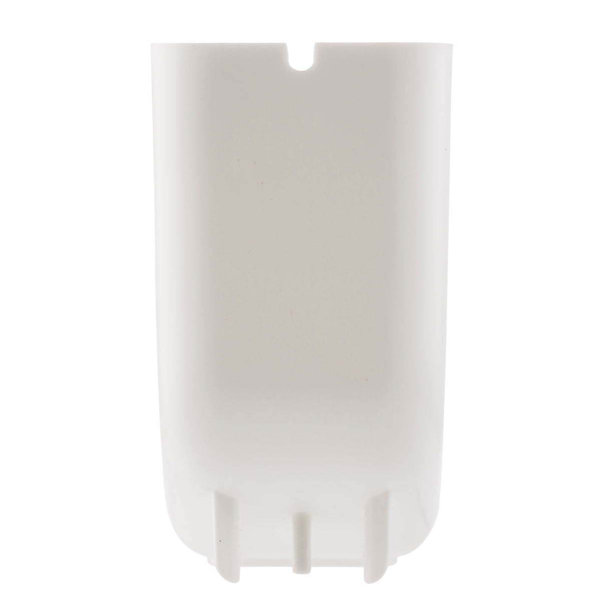 A white, cylindrical polypropylene object with a smooth surface, open top, and a small notch on the rim; the bottom has three short, evenly spaced support fins or prongs extending downward. Dishwasher safe. The background is plain white.