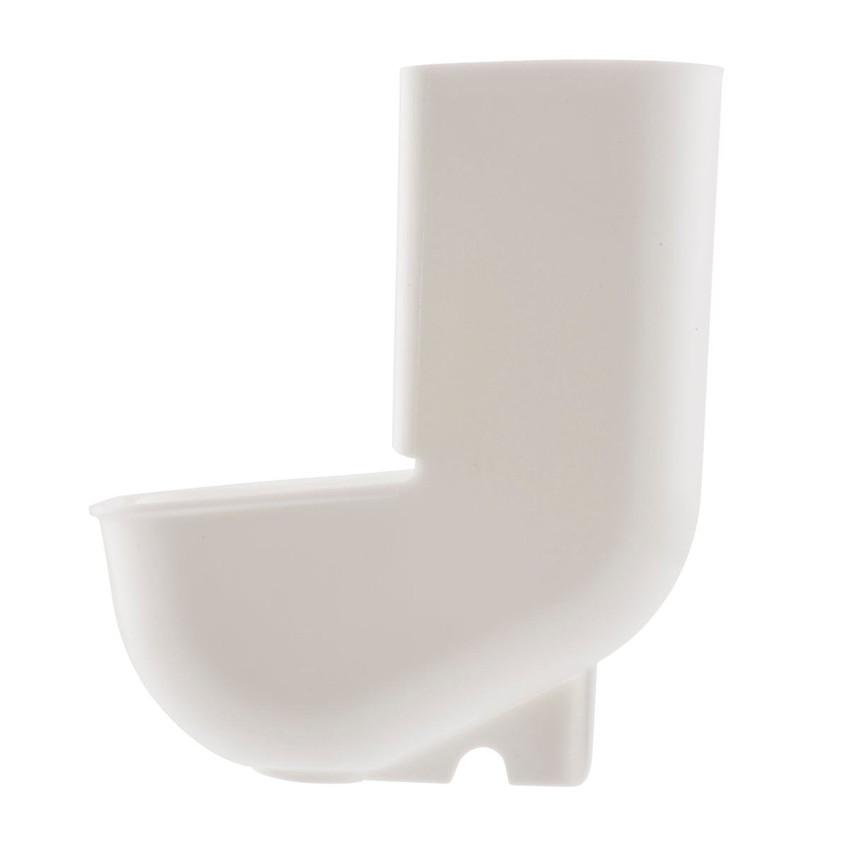 A white, polypropylene object shaped like a simplified toilet with a tall tank and rounded bowl, viewed from the side on a plain white background. The design is minimalistic, featuring smooth surfaces with no additional features or details.