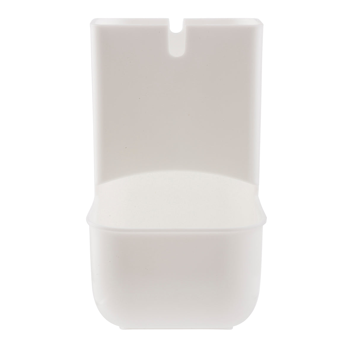 A white, rectangular polypropylene wall organizer with a rounded bottom compartment and a small notch at the top for hanging. The surface is smooth, plain, and dishwasher safe, with a slight curve dividing the upper and lower sections.